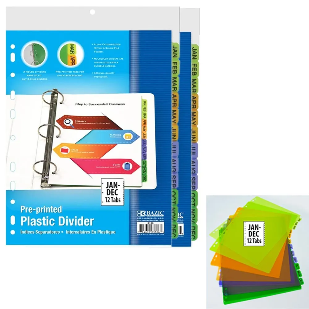 24 Tab Plastic Dividers 12 Preprinted Months Multicolor 11 Rings Binder Index