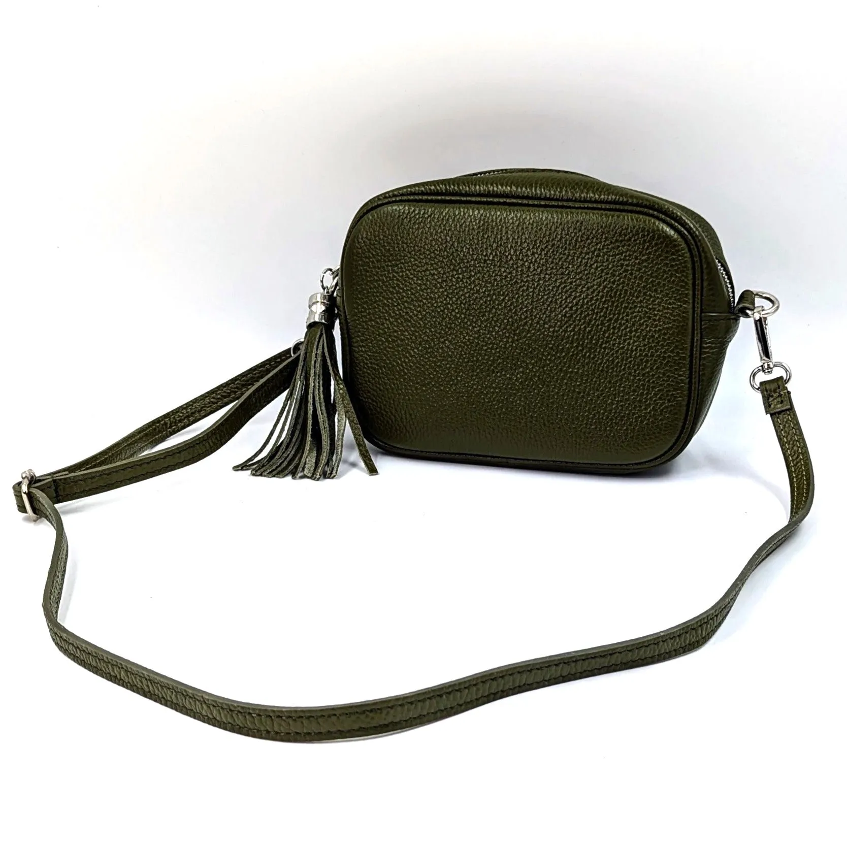 Boxy leather bag with tassel and crossbody strap