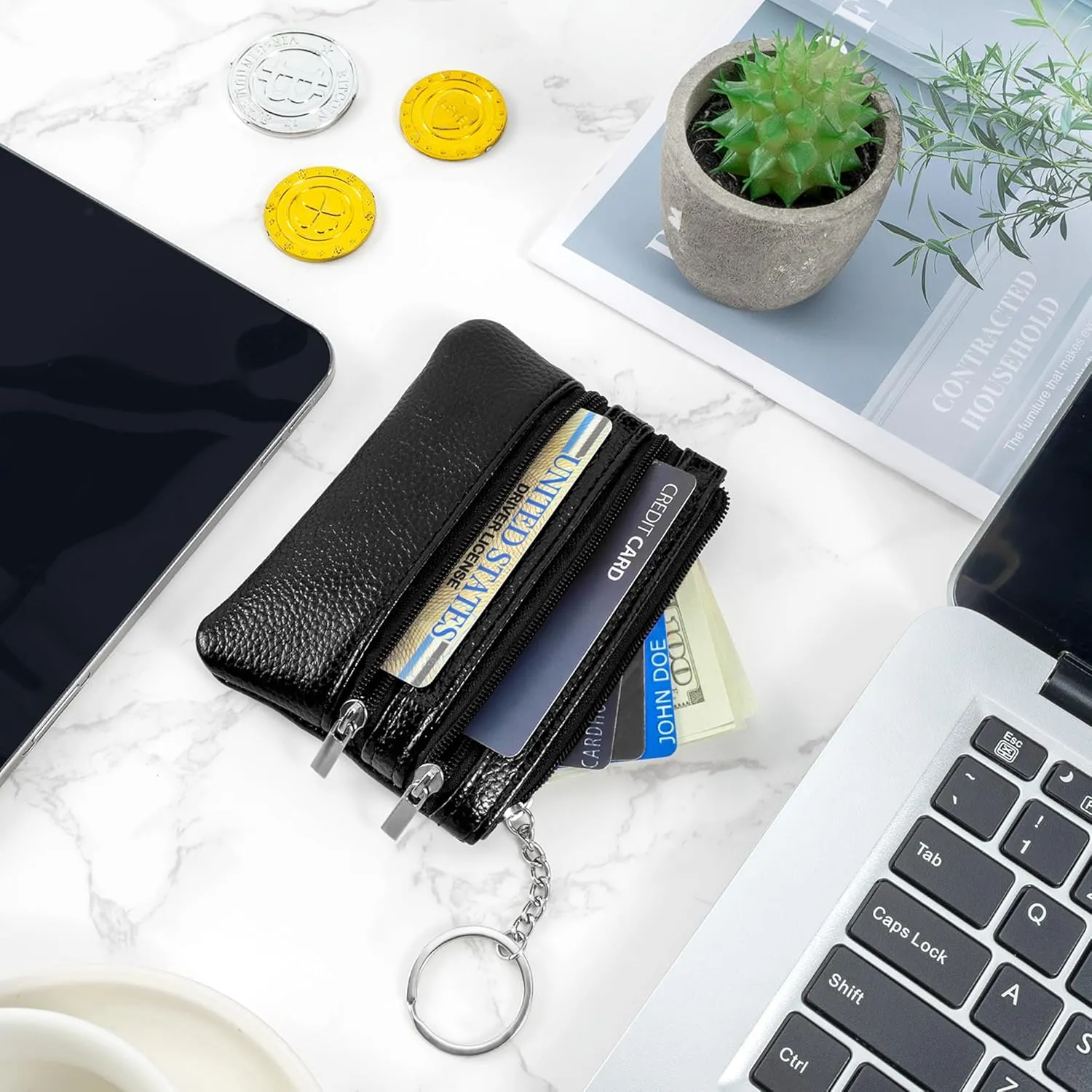 Chelmon 2 Pack Coin Purse Pouch Change Card Holder Small Wallet with Keychain for Women and Men (Black & Black)