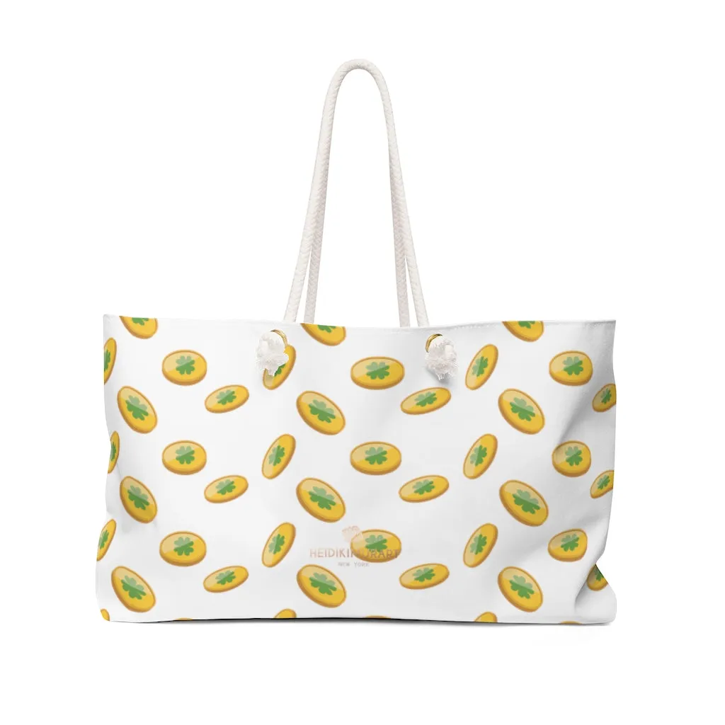 Coins Print Weekender Bag, White Green Gold Coins St. Patrick's Day Irish Print 24"x13"Weekender Bag- Made in USA