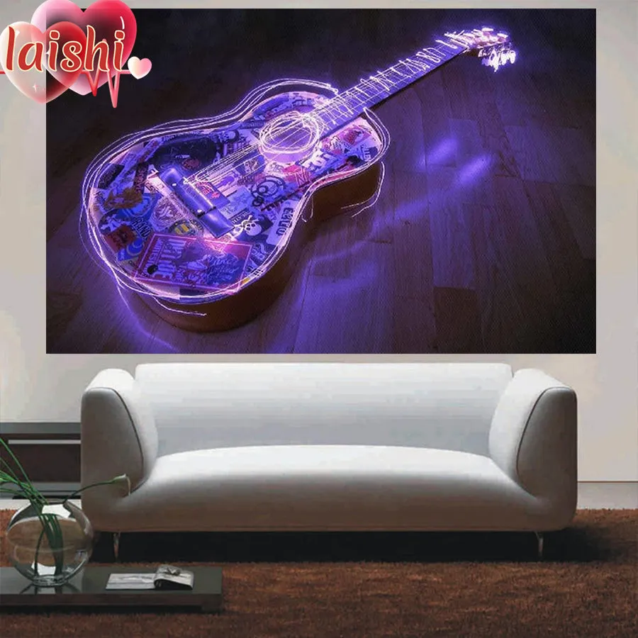Glowing Guitar Diamond Painting | Musical Instrument Diamond Painting Kit | Full Round/Square Rhinestones