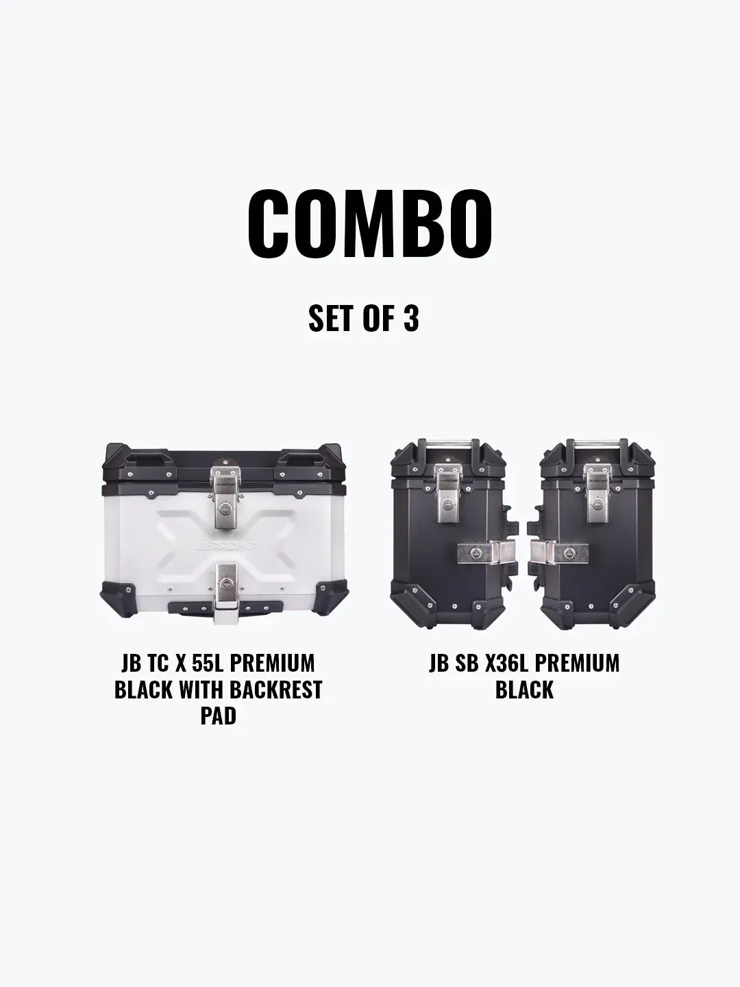 Set Of 3 Combo Of JB TC X 55L Premium Silver With Backrest Pad   JB SB X36L Premium Black