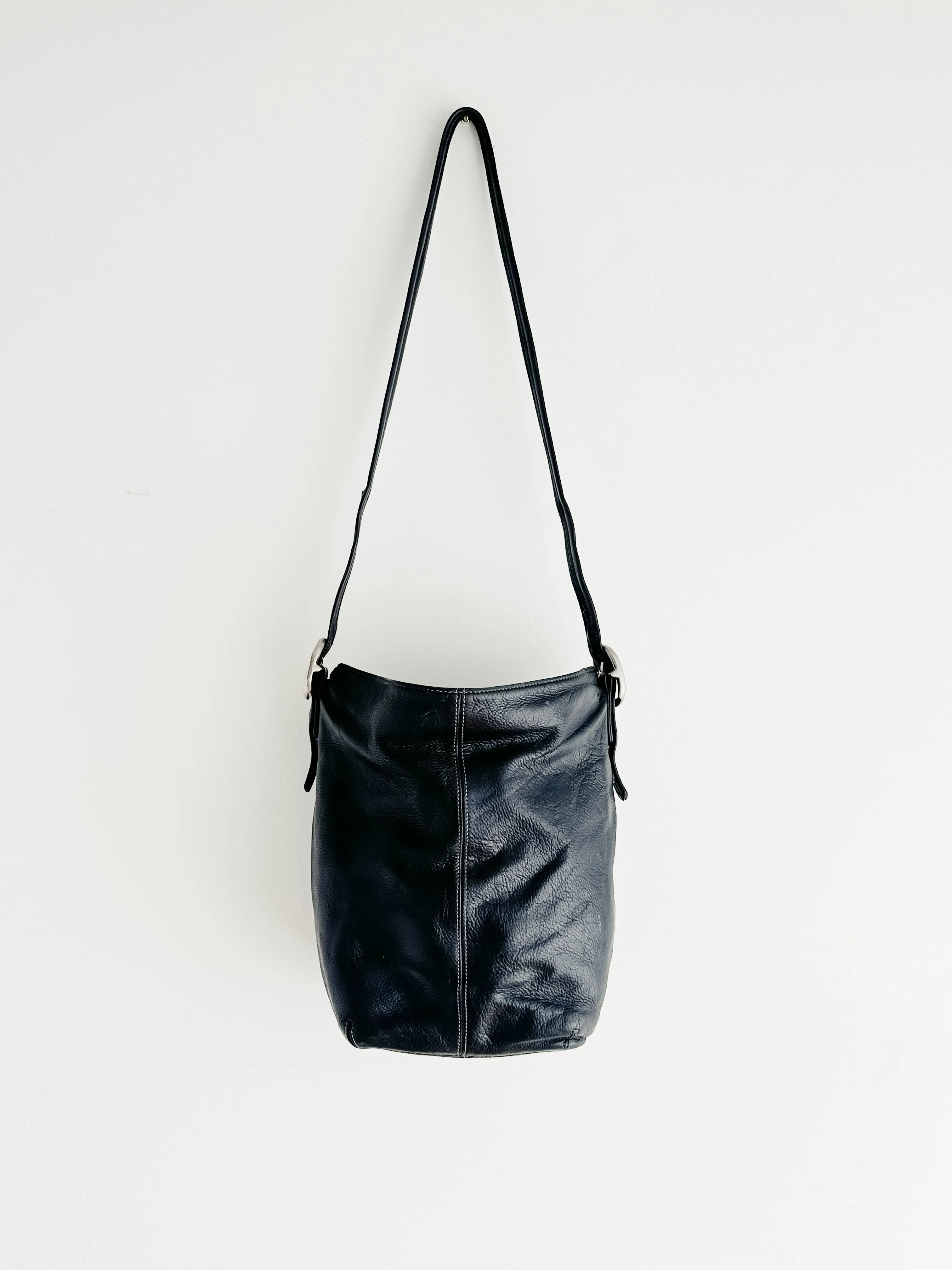 vintage black leather bucket bag
