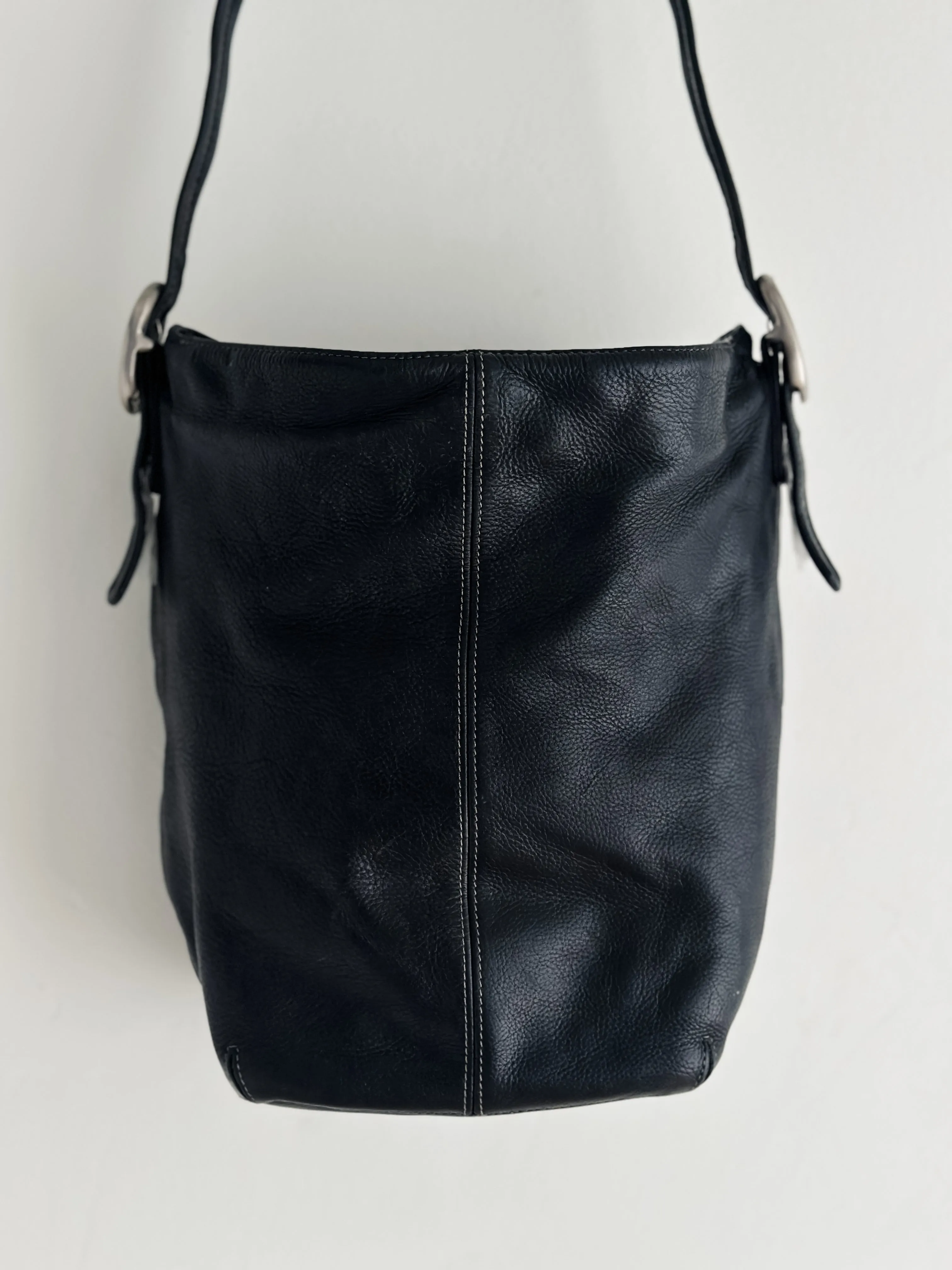 vintage black leather bucket bag